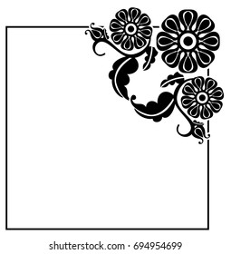 Black and white square frame with flowers. Copy space. Design element for your artwork. Vector clip art.