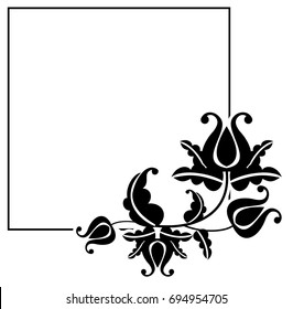 Black and white square frame with flowers. Copy space. Design element for your artwork. Vector clip art.