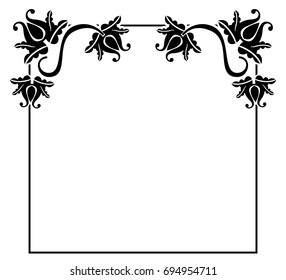 Black and white square frame with flowers. Copy space. Design element for your artwork. Vector clip art.