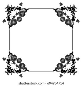 Black and white square frame with flowers. Copy space. Design element for your artwork. Vector clip art.