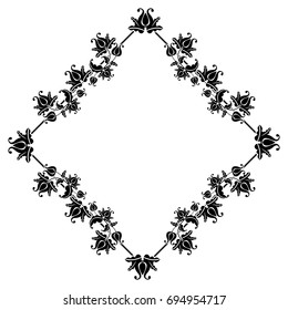 Black and white square frame with flowers. Copy space. Design element for your artwork. Vector clip art.