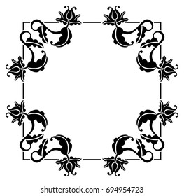 Black and white square frame with flowers. Copy space. Design element for your artwork. Vector clip art.