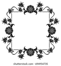 Black and white square frame with flowers. Copy space. Design element for your artwork. Vector clip art.