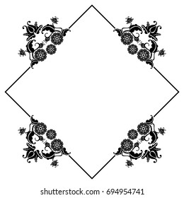 Black and white square frame with flowers. Copy space. Design element for your artwork. Vector clip art.