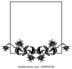 Black and white square frame with flowers. Copy space. Design element for your artwork. Vector clip art.