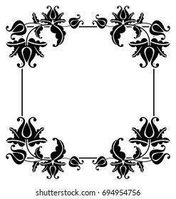 Black and white square frame with flowers. Copy space. Design element for your artwork. Vector clip art.
