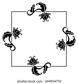 Black and white square frame with flowers. Copy space. Design element for your artwork. Vector clip art.
