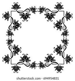 Black and white square frame with flowers. Copy space. Design element for your artwork. Vector clip art.