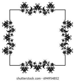 Black and white square frame with flowers. Copy space. Design element for your artwork. Vector clip art.
