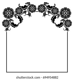 Black and white square frame with flowers. Copy space. Design element for your artwork. Vector clip art.