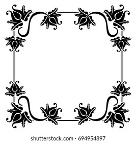 Black and white square frame with flowers. Copy space. Design element for your artwork. Vector clip art.