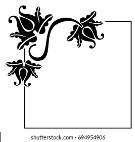 Black and white square frame with flowers. Copy space. Design element for your artwork. Vector clip art.