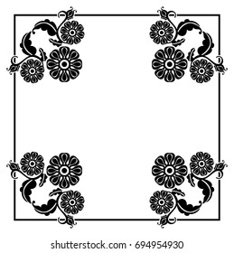 Black and white square frame with flowers. Copy space. Design element for your artwork. Vector clip art.
