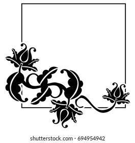 Black and white square frame with flowers. Copy space. Design element for your artwork. Vector clip art.