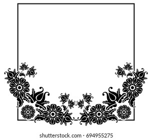 Black and white square frame with flowers. Copy space. Design element for your artwork. Vector clip art.