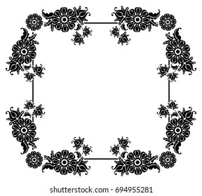 Black and white square frame with flowers. Copy space. Design element for your artwork. Vector clip art.