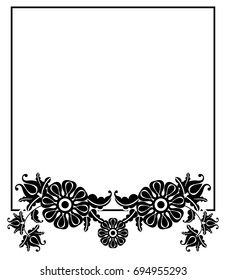 Black and white square frame with flowers. Copy space. Design element for your artwork. Vector clip art.