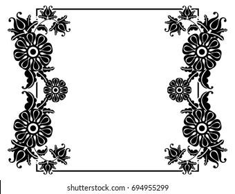 Black and white square frame with flowers. Copy space. Design element for your artwork. Vector clip art.