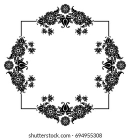 Black and white square frame with flowers. Copy space. Design element for your artwork. Vector clip art.