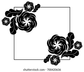 Black and white square frame with flowers. Copy space. Design element for your artwork. Vector clip art.