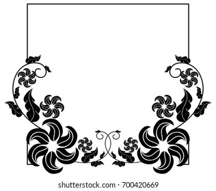 Black and white square frame with flowers. Copy space. Design element for your artwork. Vector clip art.