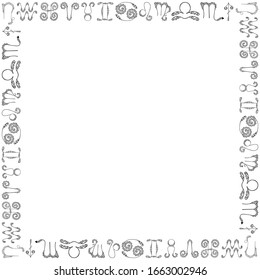 Black and white square frame of hand-drawn emblems of 12 zodiac signs in vintage style. Isolated astrological template for text. Vector.