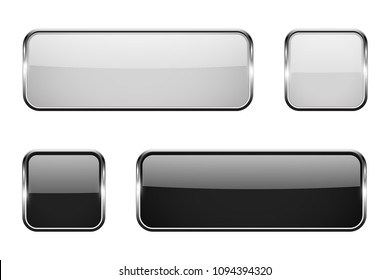 Black And White Square Glass Buttons With Metal Frame. Set Of 3d Icons. Vector Illustration Isolated On White Background