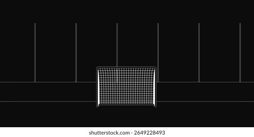 Padrão de grade quadrado preto e branco com linhas espaçadas uniformemente em um plano de fundo preto sólido. O design geométrico lembra um rinque de hóquei ou um layout de estádio.