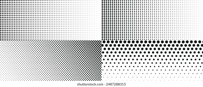 Black white square halftone set. Black white comic design cover pack for banner, poster, overlay, sticker. Pop art dotted squared bundle. Vector