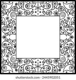 Black and white square lace frame, hand drawn mandala, arabesque, intricate art nouveau frame, fine intricate art nouveau frame, filigree frame