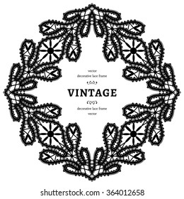 Black and white square lace frame, black lace ornament on white background, vintage tatting lace decoration, vector embellishment in retro style