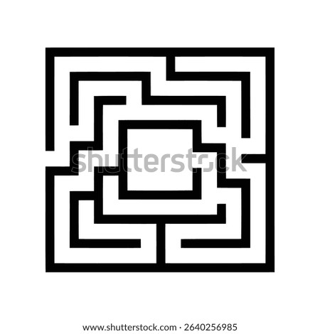 A black and white square maze with a central open space. The pathways are intricate and lead to and from the center.