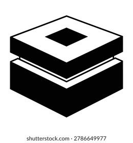 A black and white square object with a hollow center sits on top of another square