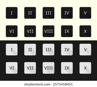 Black and white square roman numerals icons. Math icons set. Math symbols. Roman numbers icon collection. From 1 to 20 numbers