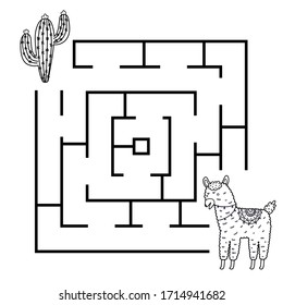 Black and white square shape maze game with funny llama. Help the llama to find way to cactus. Puzzle and coloring page for kids. Vector illustration