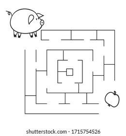 Black and white square shape maze game with funny piggy. Labyrinth game for kids.Help the piggy to find way to apple. Puzzle and coloring page for kids. Vector illustration