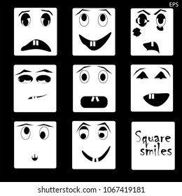 Black and white square smiles, emotions, faces at the black background