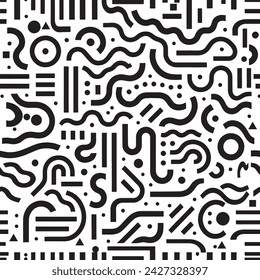 Black and white squiggle doodle lines seamless pattern. Creative abstract squiggle style drawing doodles background for children. Simple childish scribble wallpaper fabric print with geometric shapes.