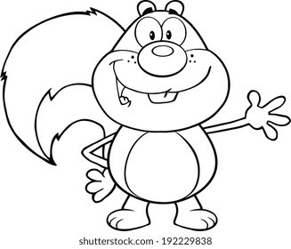 Black And White Squirrel Cartoon Mascot Character Waving. Vector Illustration Isolated on white