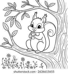 A black and white the squirrel  nature the coloring page 