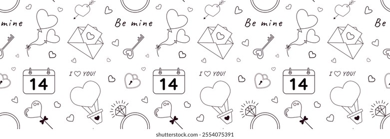 Black and white St. Valentines Day pattern with hearts, 
baloons, keys, locks, wedding rings  and others elements. Vector illustration. Pattern for wrapping paper, postcards, textile, backgrounds. 