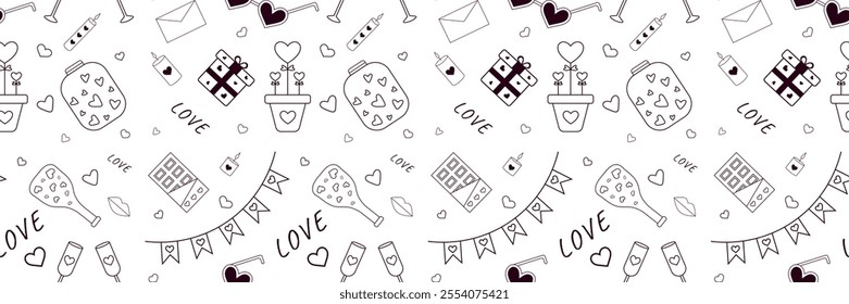 Black and white St. Valentines Day pattern with hearts, 
candles, chocolates, bottles, flags  and others elements. Vector illustration. Pattern for wrapping paper, postcards, textile, backgrounds. 