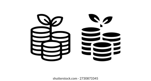 Pilha de moedas em preto e branco com plantas em crescimento ícone que ilustra o crescimento financeiro.