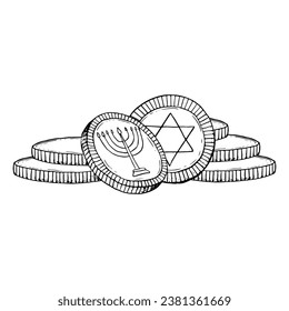 Black and white stack of Hanukkhah coins with holiday menorah and star of David for Jewish holiday gelt vector illustration