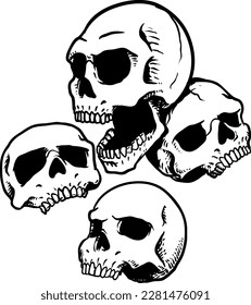 black and white stack of skulls hand drawn illustration