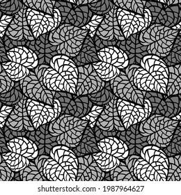 black and white stacked leaves seamless pattern, endless repeatable layered foliage texture 