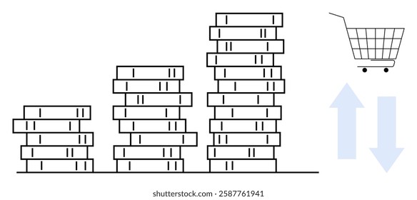 Black and white stacks of coins increasing in height with a shopping cart and up and down arrows. Ideal for financial growth, savings, investment, shopping trends, and economic analysis. Minimalist
