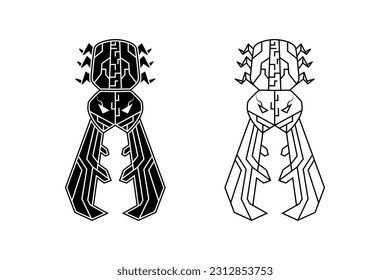 black and white stag beetle mascot illustration with robotic concept. line art and  silhouette style. used for gaming logo, print, sport logo and t-shirt design