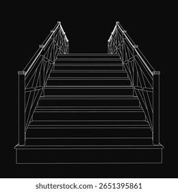 Uma escadaria preta e branca com grades detalhadas sobe dramaticamente contra um fundo escuro. O desenho apresenta linhas limpas e forte contraste, enfatizando profundidade e perspectiva.