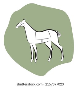 Silueta de semental blanco y negro sobre fondo verde. Carrera de dibujo manual aislada. Un elegante y elegante caballo. Mustang ensillado. Símbolo de caballo. Plantilla de logotipo para establos, granjas, carreras.